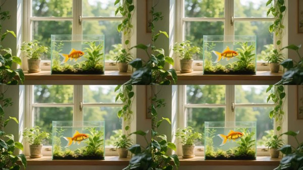 金鱼水族箱窗边盆栽植物居家宠物慢生活