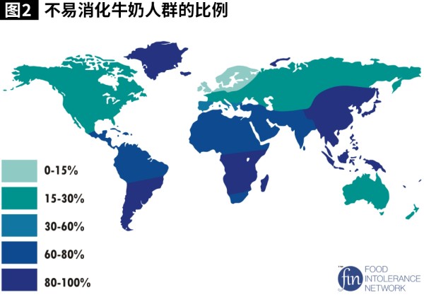 牛奶消化能力有人种差异。颜色越深的地区，表示不易消化牛奶的人越多