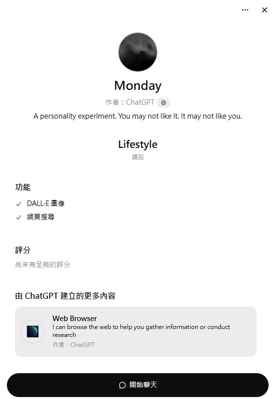 ChatGPT Monday 截圖自ChatGPT