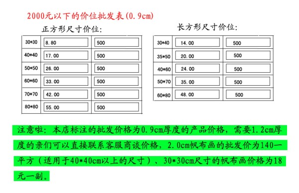 价格尺寸表
