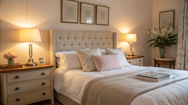 Cozy bedroom with warm lighting and fluffy pillows
