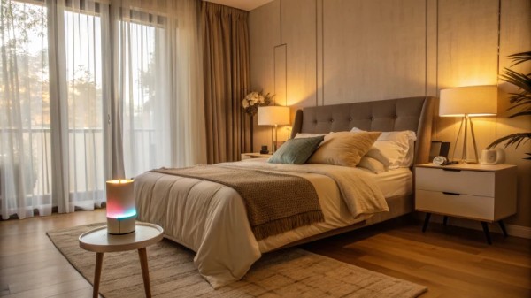 Modern bedroom with smart lighting features