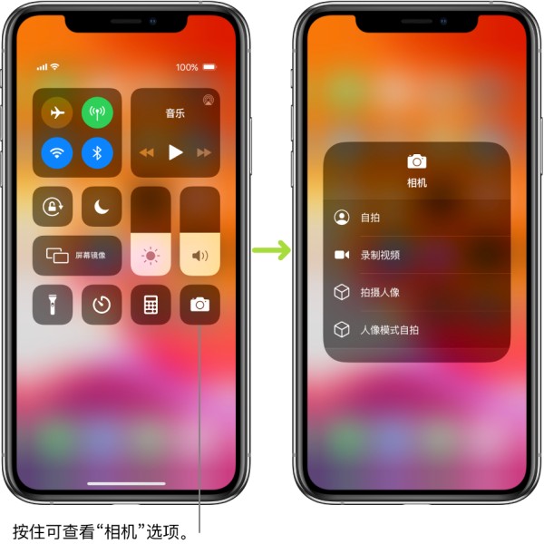 两个并排的“控制中心”屏幕,左边屏幕左上方的群组中显示飞行模式、蜂窝数据、无线局域网和蓝牙的控制,并且有标注提示按住右下方的“相机”图标以查看“相机”选项。右边的屏幕显示“相机”的附加选项:“自拍”、“录制视频”、“拍摄人像”和“人像模式自拍”。