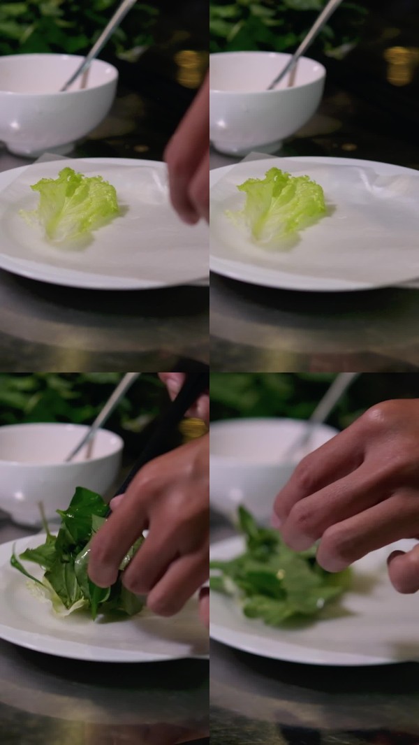 制作春卷的烹饪概念，准备自制食品的原料。穿着围裙的女性在室内厨房台面上烹饪，制作蔬菜春卷。家庭烹饪与