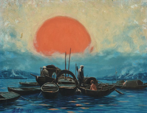 夕阳 布面 油画