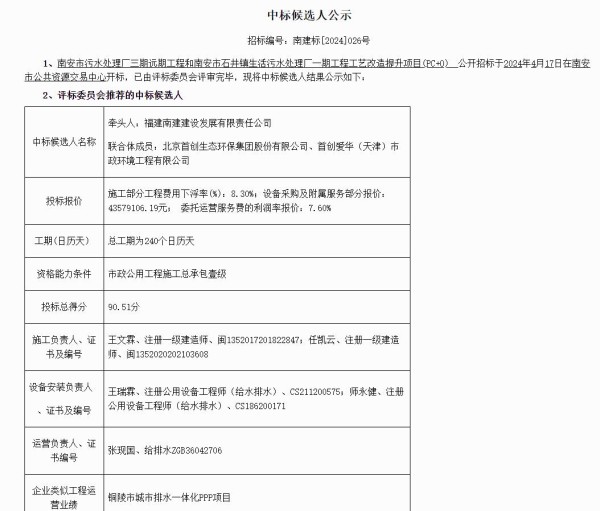 首创环保联合地方国资预中标福建南安市污水处理厂三期远期工程和南安市石井镇生活污水处理厂一期工程工艺改造提升项目（PC+O）！