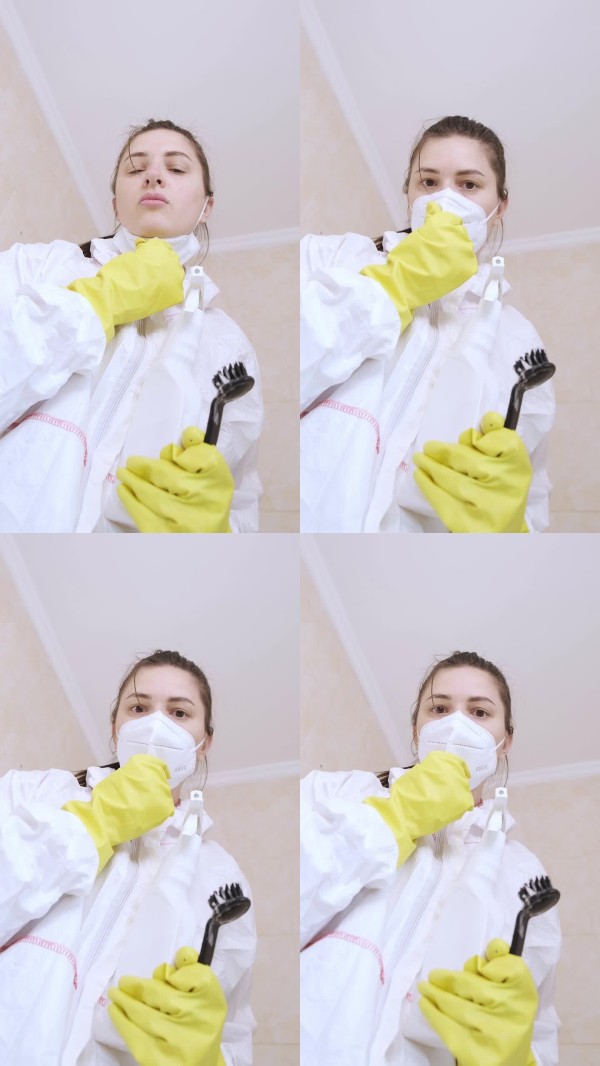 一名穿着防护装备的女性向海绵喷洒防霉剂。安全清洁：一位专家在浴室去除霉菌。高质量4K镜头。