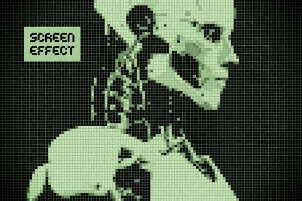 复古未来派矩阵像素照片效果ps特效滤镜样机 Pixels Screen Template Effect