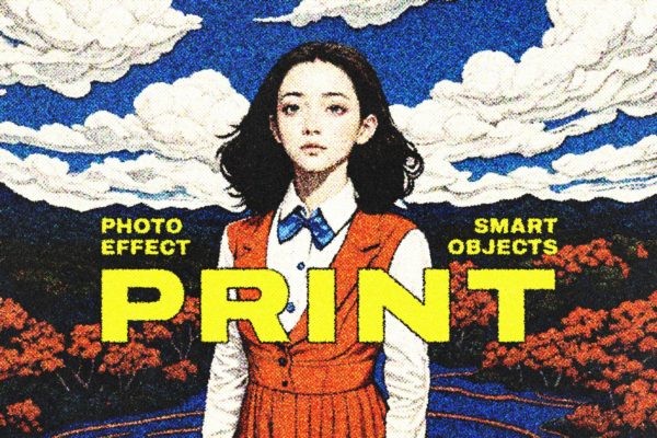 复古半色调颗粒噪点纸张肌理印刷打印效果PS特效滤镜样机 Halftone Print Effect Template
