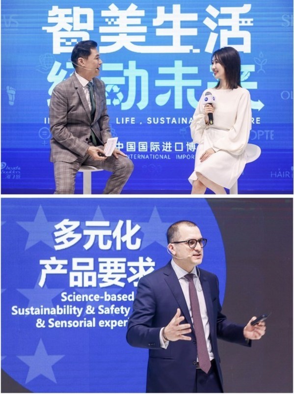 宝洁大中华区传播与公关副总裁、首席可持续发展官许有杰先生与时尚博主黎贝卡女士在现场互动交流（上） 宝洁大中华区织物护理与家居护理品类总裁苏科睿先生（下）