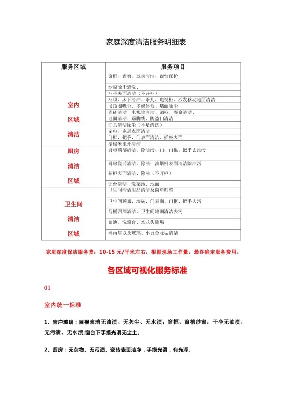 家庭深度清洁服务明细表、标准_第1页