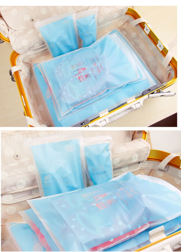 普润 居家旅行束口收纳袋 PVC防水衣物鞋子化妆品分类整理袋六件套。