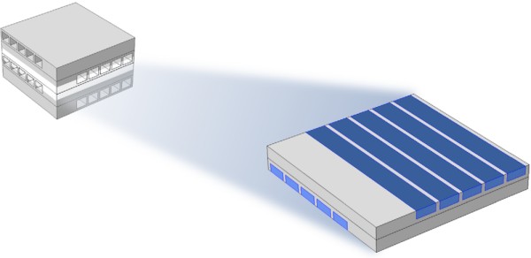 COMSOL Multiphysics®中微型热交换器的模拟部分的图片