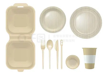 一次性餐具逼真套装塑料杯叉勺盘和午餐盒隔离矢量图