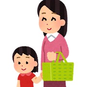 買い物かごを持った母親と子供の絵です。
