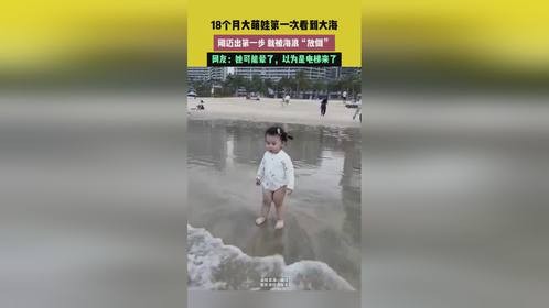 18个月大萌娃第一次看到大海，被海浪放倒