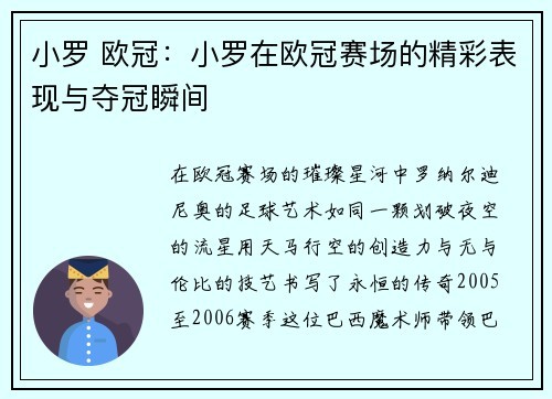 小罗 欧冠：小罗在欧冠赛场的精彩表现与夺冠瞬间