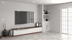 白色木材现代橱柜在空房间室内背景家居设计3d渲染，书架和书在墙前的书桌上空墙改进电视书架