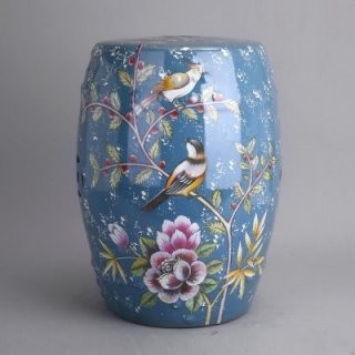 中式田园陶瓷鼓凳 艺术中西结合手绘花鸟蓝底百鸟齐聚 居家书房卧室梳妆坐凳装饰凳 JM018
