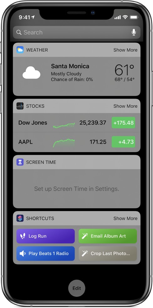 iPhone 上“今天”视图中的“快捷指令”小组件。