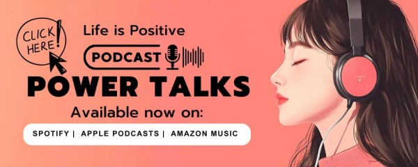 插图:一位女士戴着耳机收听“Power Talks”播客。文字为“生活是积极的”,并配有可点击的号召性用语按钮。粉色背景,Spotify、Apple Podcasts 和 Amazon Music 现已上线。拥抱人际关系和生活中的爱与积极性。