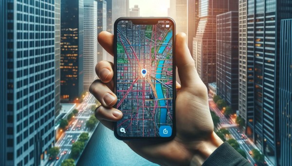 An image of a hand holding a smartphone in displaying a map view in a navigation applications with detailed streets and routes.