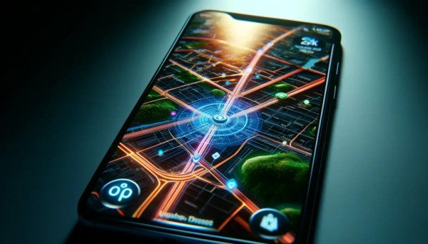 An image of a close up screen of a smartphone in displaying a map view in a navigation applications with detailed streets and routes.