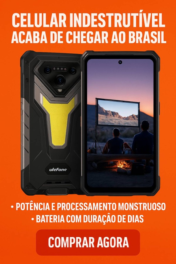 Banner vertical apresentando o Ulefone Armor 34 Pro, com chamada para compra destacando resistência extrema, potência e bateria de longa duração, em fundo laranja vibrante.