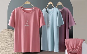 新款睡衣女夏季薄款短袖莫代尔棉三件套冰丝感家居服女士甜美套装设计图片