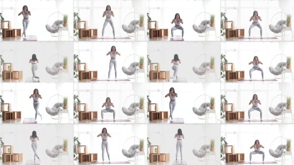 黑人女性在室内进行不同的运动活动，展示健身和健康的生活方式。家庭健身。