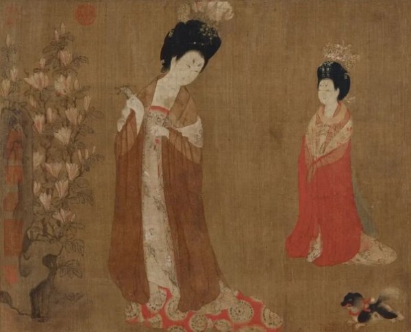 《簪花仕女图》(局部)形象地再现了唐朝簪花戴彩的情况。(唐代 周昉 绘)