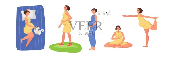 怀孕期间健康的生活方式。健康的睡眠，户外散步，健身对孕妇和婴儿的好处的重要性。孕妇睡觉，散步，做瑜伽。矢量插图。插画图片素材