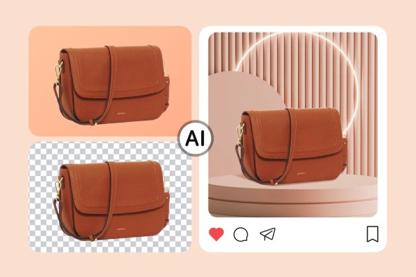 使用 AI 去除背景并替换为 Instagram 风格展示的棕色手提包产品图