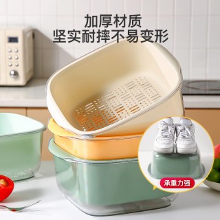 维诺亚 PET双层沥水篮创意撞色果蔬盆家用厨房收纳洗菜篮 透明-浅绿双层小号【PET+PP】