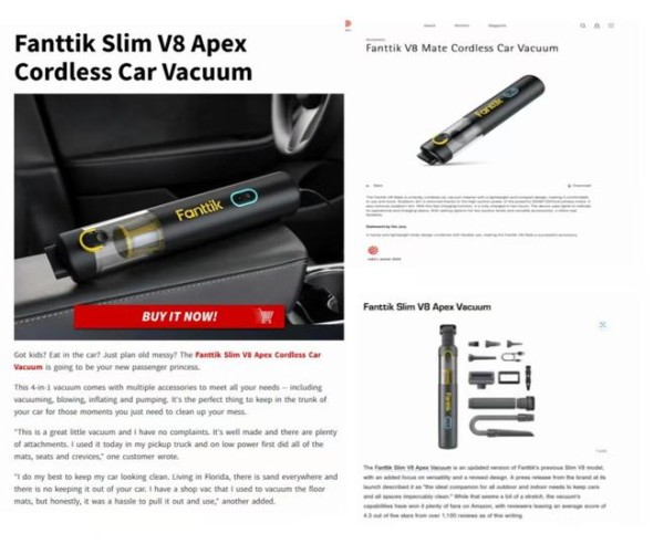 图8:V10 APEX便携吸尘器上一代产品曾荣获红点设计奖,入选多个媒体好评榜单,图片来源:企业供图