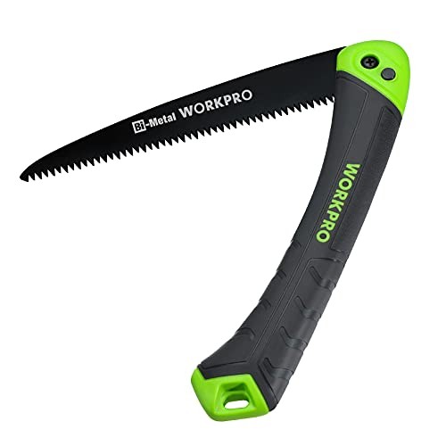 WORKPRO 折込のこぎり ノコギリ 刃渡り180mm 三面歯先 エラストマ樹脂グリップ 安全ロックボタン付き キャンプ 木工 園芸用のこぎり 最大剪定直径:枝切り350mm、生木200mm
