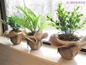 4、让平凡的花盆更有style 还在觉得自己家的花盘太平凡?没关系,准备好麻布和麻绳就可以立刻大变身。量好包裹需要用到的多宽的布料,然后剪成圆形,包裹花盘,最后用麻绳绑好就OK啦!