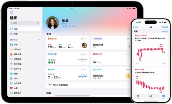 显示屏展示健康摘要和个人收藏，旁边的另一个显示屏展示健康 app 中的心率和提要。