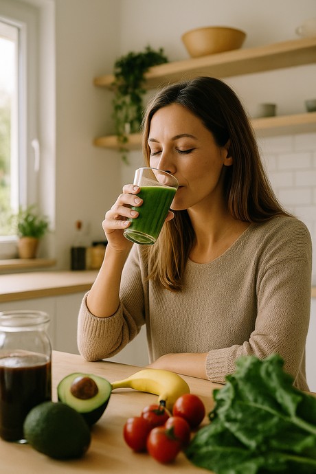 Woman sipping green smoothie in a sunlit kitchen with fresh produce on the counter.