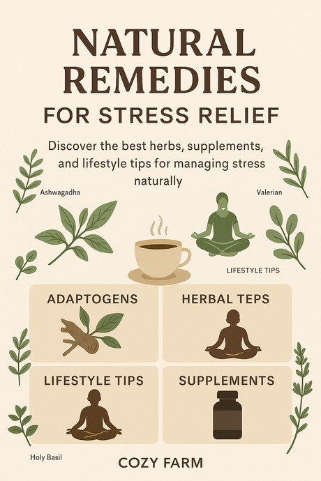 Calming flat-lay with herbal tea, supplements, fresh herbs, and a candle for natural stress relief.