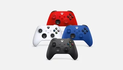 红色、白色、蓝色和黑色 Xbox 无线控制器