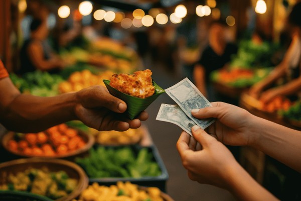 市场上人们用手交易街头食物，通过美食展示旅行的文化益处