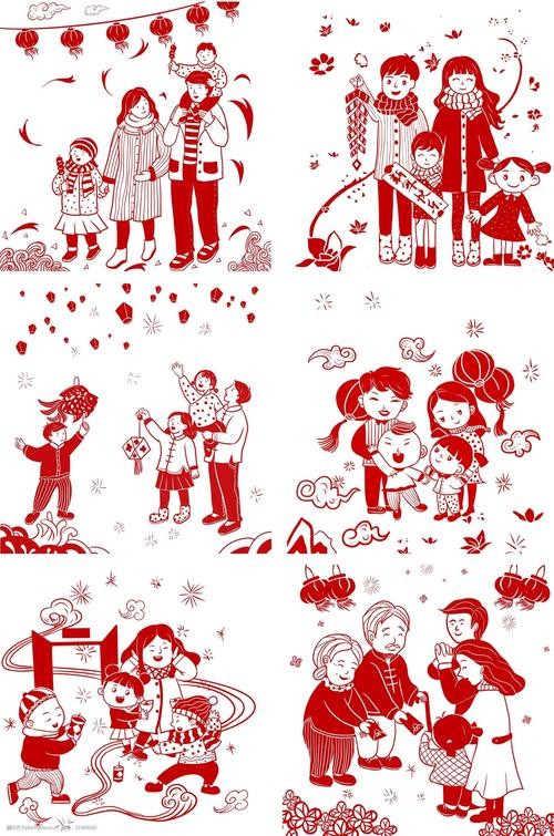 关键词节日手绘剪纸风插画 新年快乐 吉祥 如意 幸福 喜庆 红色 庆祝
