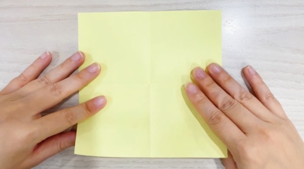 步骤1：正方形卡纸沿十字形对折成小正方形。