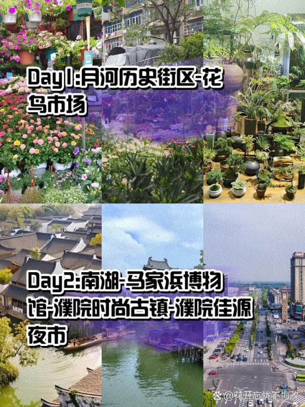 濮院2天1夜游，古镇+夜市超有趣！ 这次和朋友约定去濮院玩两天，体验下古镇的悠闲生活，再大快朵颐于夜市。整个行程简直超满足！快来看看我的游玩攻略吧~ 推荐路线： Day1: 月河历史街区->花鸟市场 Day2: 南湖->马家浜博物馆->濮院时尚古镇->濮院佳源夜市 Day1: 月河历史街区+花鸟市场 一开始我们先冲到了月河历史街区。它位于嘉兴市南湖区建国北路22号，免费开放，全天开放。整个街区有着浓浓的明清建筑风格，小桥流水、旧民居、廊棚，拍照超级出片。 南门进入后，一路走中基街，这里各种嘉兴大肉粽、糖葫芦、糕点等小吃，真的是吃货的天堂。强烈推荐大家试试“真真老老”的现包粽子，味道真心赞。 继续走，参观了嘉兴粽子博物馆，这是全国首家粽子博物馆，展示了嘉兴粽子的历史和发展。师傅现场包粽子展示真的好有意思！月河绣文化馆也不容错过，各种刺绣作品让人眼花缭乱。 中午，我们在江南外婆桥吃饭，就在街区内的餐馆，点了些家常菜，味道好到爆！而且不用排队，超幸运。 下午继续在月河老街闲逛，这里古宅老巷特别有江南水乡的感觉。到了花鸟市场，买了些小动物和鲜花，10-20元一大把满天星、玫瑰、康乃馨，真的是物美价廉。 傍晚时分，街区的灯光亮起，小桥流水人家，夜幕下的月河历史街区更添几分诗意。酒吧街也热闹起来，适合拍夜景，光影交错，超级出片。 Day2: 南湖+马家浜博物馆+濮院时尚古镇+濮院佳源夜市 第二天早上，我们来到南湖。南湖景色宜人，空气特别清新，适合晨跑和散步。而且这里是免费的，全天开放，所以可以随时来。 之后去马家浜博物馆，展示了桐乡马家浜文化的历史和文化遗产。推荐大家参观“古代生活展厅”，感觉非常有趣，博物馆免费开放，建议提前查下开放时间。 中午，我们驱车前往濮院时尚古镇。这地方的建筑古色古香，特别推荐长街宋宴的古建筑，历史感满满。不过要注意，这里商业化程度不高，所以购物和美食选择有限。推荐大家去福山寺和濮院佳源夜市，体验地道夜市风情。 傍晚，我们来到了福山寺。寺庙虽然不大，但平静祥和，夕阳西下的时候，整个寺庙被染上了一层金色，非常美丽。寺里还有两株近千年的古银杏树，秋天来的时候，景色会更加迷人。 夜幕降临，我们前往濮院佳源夜市，这里离嘉兴市区仅半小时车程。夜市汇集了来自东北的烧烤、盱眙龙虾、重庆火锅等各地美食。一定要尝尝烤苕皮和脆皮年糕，还有香肠和油炸长沙臭豆腐，夜市营业时间是16:00到23:00，完全可以逛到尽兴。 小贴士： 1月河历史街区免费开放，全天开放，随时前往。 2江南外婆桥吃饭推荐，味-有驾