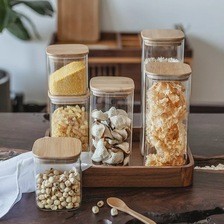 方形玻璃密封罐竹盖储物罐亚马逊密封玻璃罐茶叶罐咖啡展示收纳罐