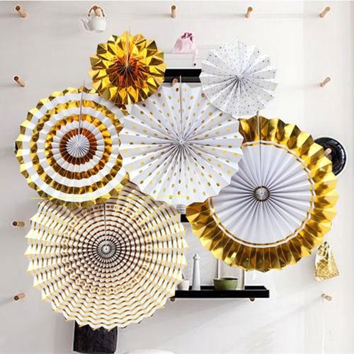 6个装烫金纸扇花手工立体纸折扇拉花节日派对装饰折纸扇花挂饰品