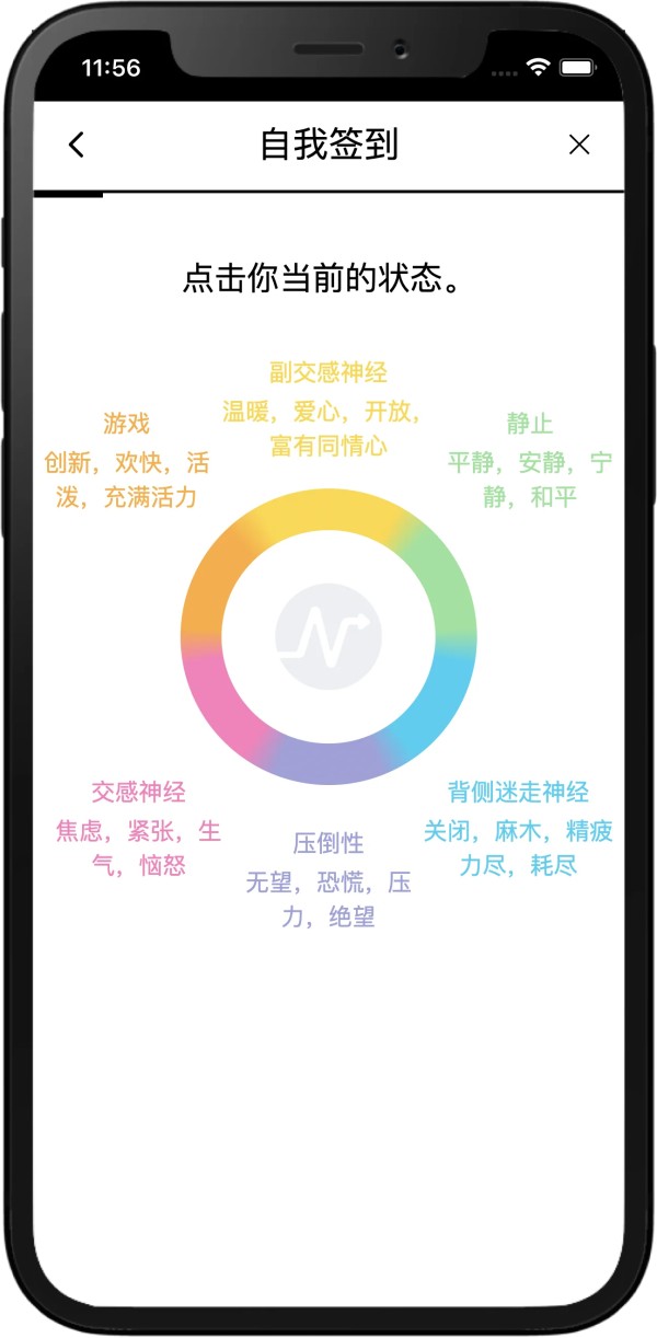 一张显示NEUROFIT App“签到”功能的截图,会员可通过在NEUROFIT环上进行自我评估,主观判断神经系统状态以及生活中哪些领域引发何种压力。