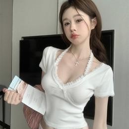 【超显身材❗️纯欲性感蕾丝花边短袖】夏辣妹V领打底衫,日常穿搭百搭显瘦,蝴蝶结短款上衣,随心裁蕾丝花边挂脖上衣,纯欲辣妹V领短袖打底衫L