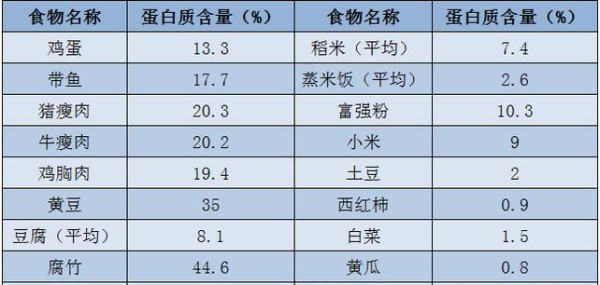 日常食物蛋白质含量表格